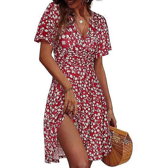 Sundress Midi Floral - Ärmelloses, geblümtes Wickelkleid mit V-Ausschnitt für