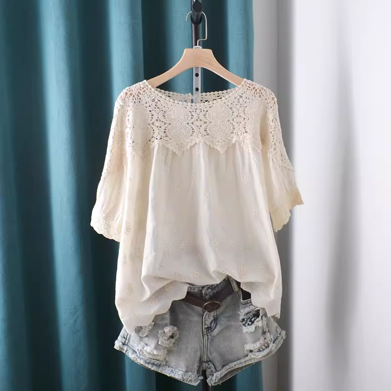 Summer Clothing For Japan - 2026 Ausgehöhlte Spitzen-Patchwork-Hemden und Blusen Kurzarm