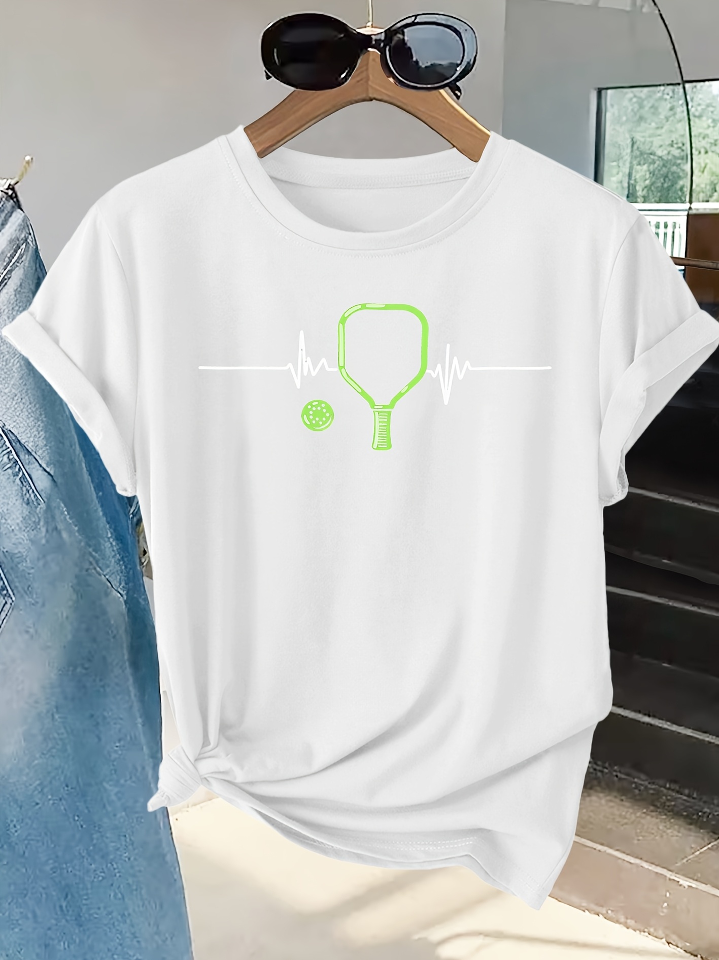 Summer Clothing Pictures - Damen-T-Shirt mit Schläger-Herzschlag-Motiv, Rundhals, Damenbekleidung, Alltagsmode,