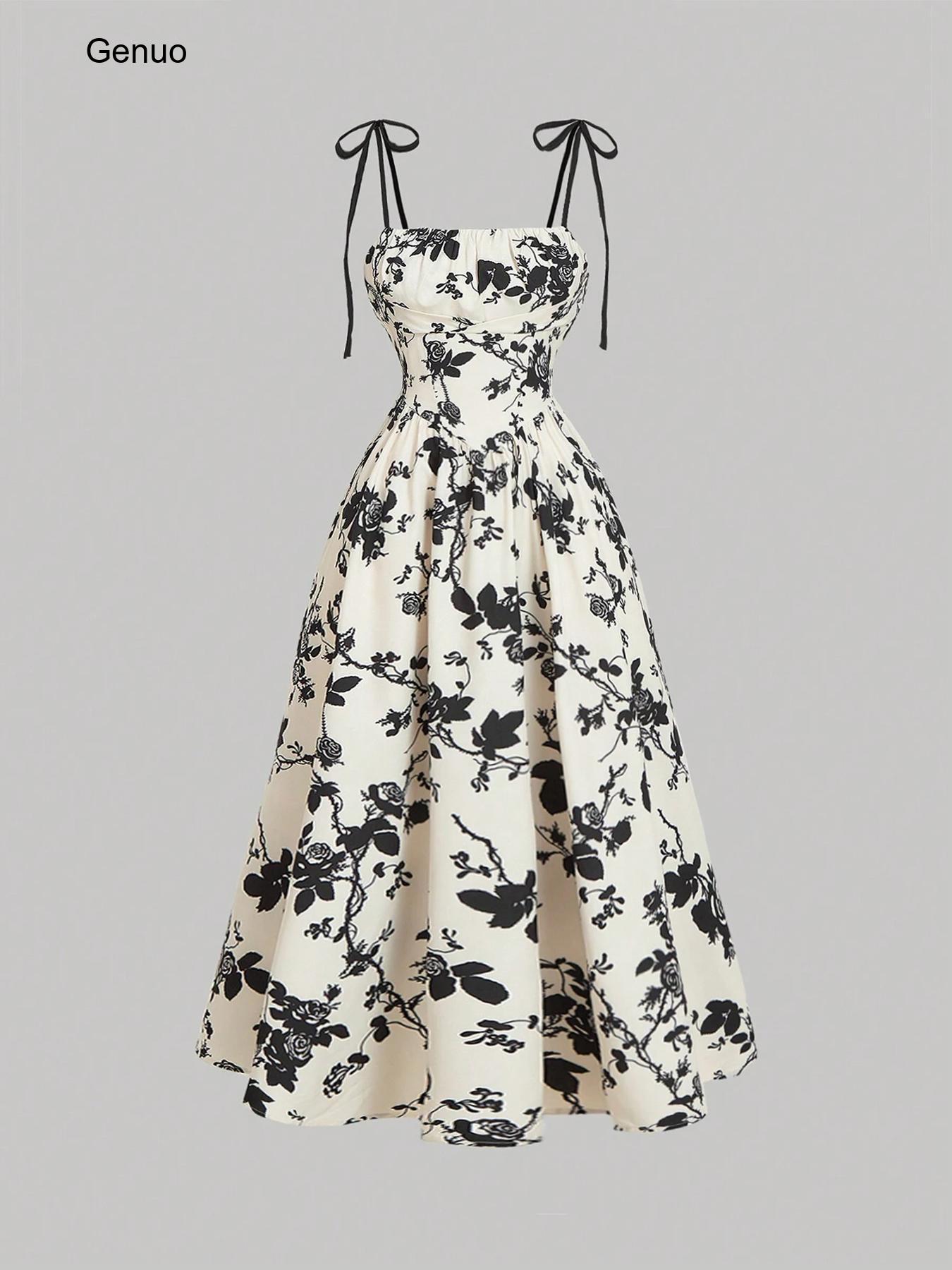 Sundress Midi Floral - 2026 Blumenmuster-Kleid mit Bindungsbändern, Quadratischer Ausschnitt,