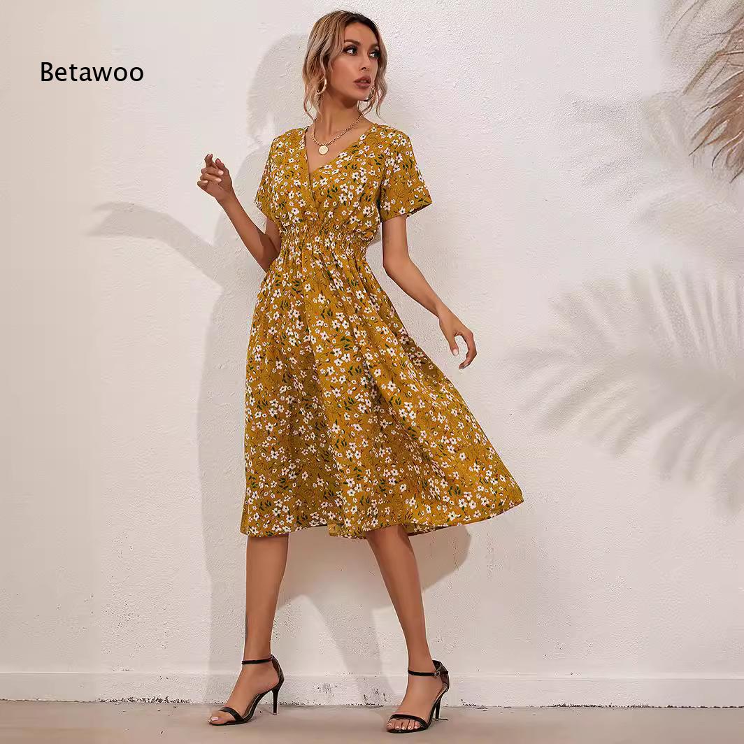 Sundress Midi Floral - Ditsy Blumenmuster Midi-Sommerkleid für Damen mit