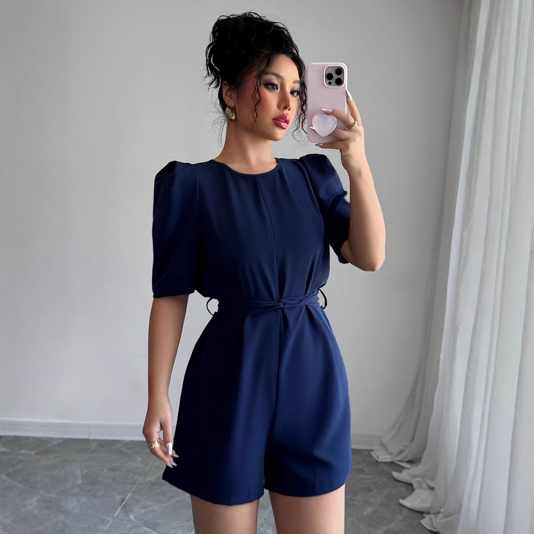 Summer Evenings Clothing - Hochwertiger Minimalistischer Puffärmel Einfarbiger Kurz-Overall Damenkleidung