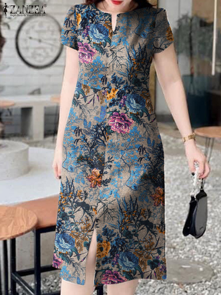 Sundress Midi Floral - Mode Retro Kurzarm Robe Zanzea Frauen