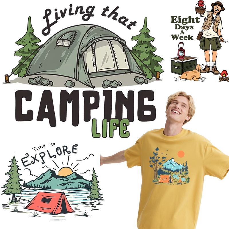Summer Clothing Pictures - Sommer-Camping-DTF-Kleidung, Heißprägung, DIY, lässiges T-Shirt für