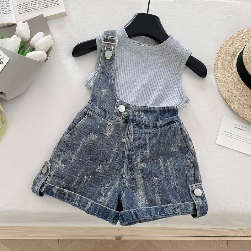 Summer Clothing Drawing For Kids - Kinderkleidungssets Strick-Tanktop T-Shirt + Denim-Overalls 2-teiliges