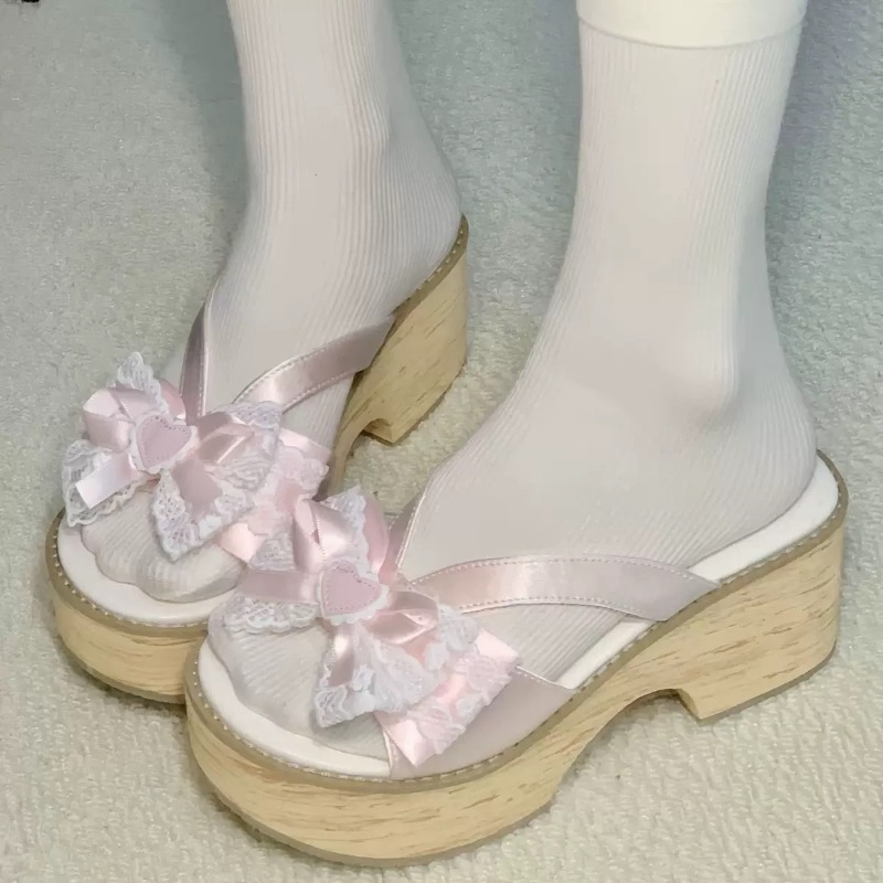 Summer Clothing Collection - Süße Schleifen-Holzmaserung Plateau-Slipper für Damen –