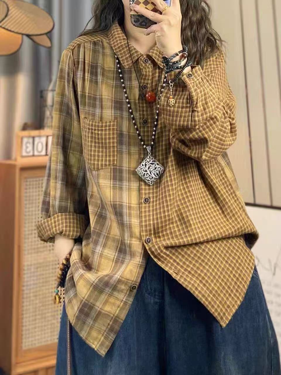 Summer Clothing For Japan - 2026 Damen-Herbstmode Japanische Mode Baumwollgarn Damen-Karo-Hemden