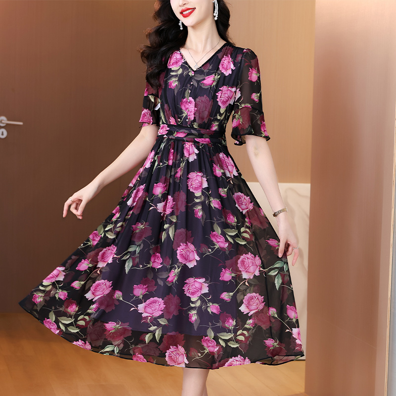Sundress Midi Floral - Damen Boho Blumen-Chiffonkleid mit V-Ausschnitt, Midi-Länge,