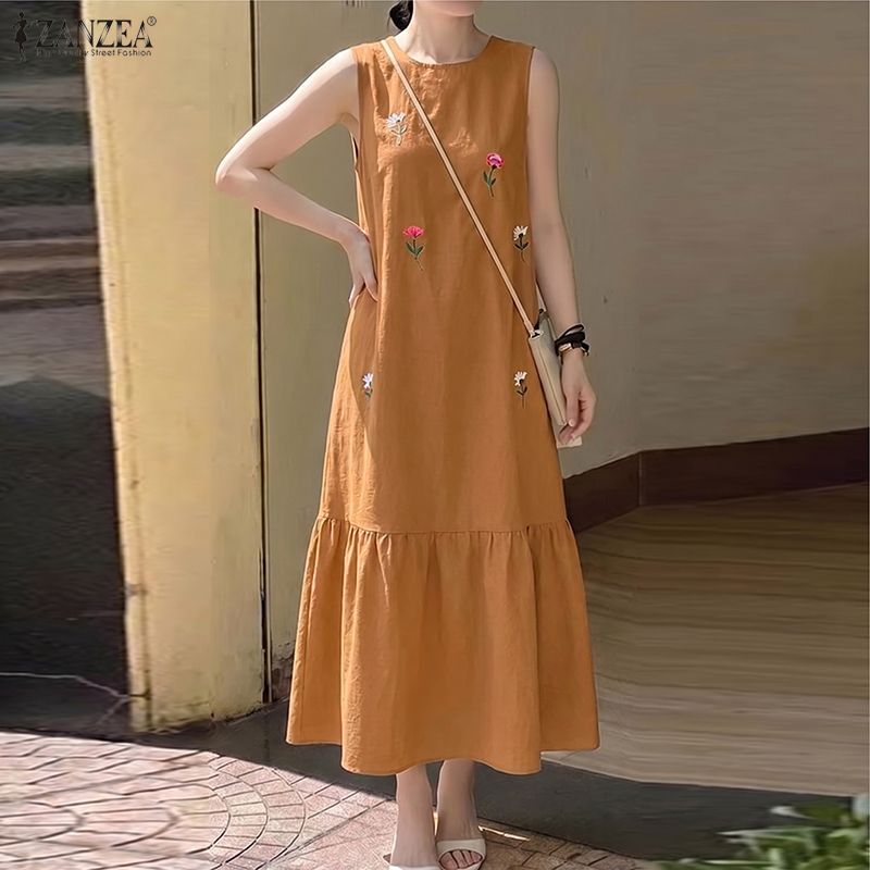 Sundress Midi Floral - Damen Freizeitkleid mit O-Ausschnitt, ärmellos, ZANZEA,