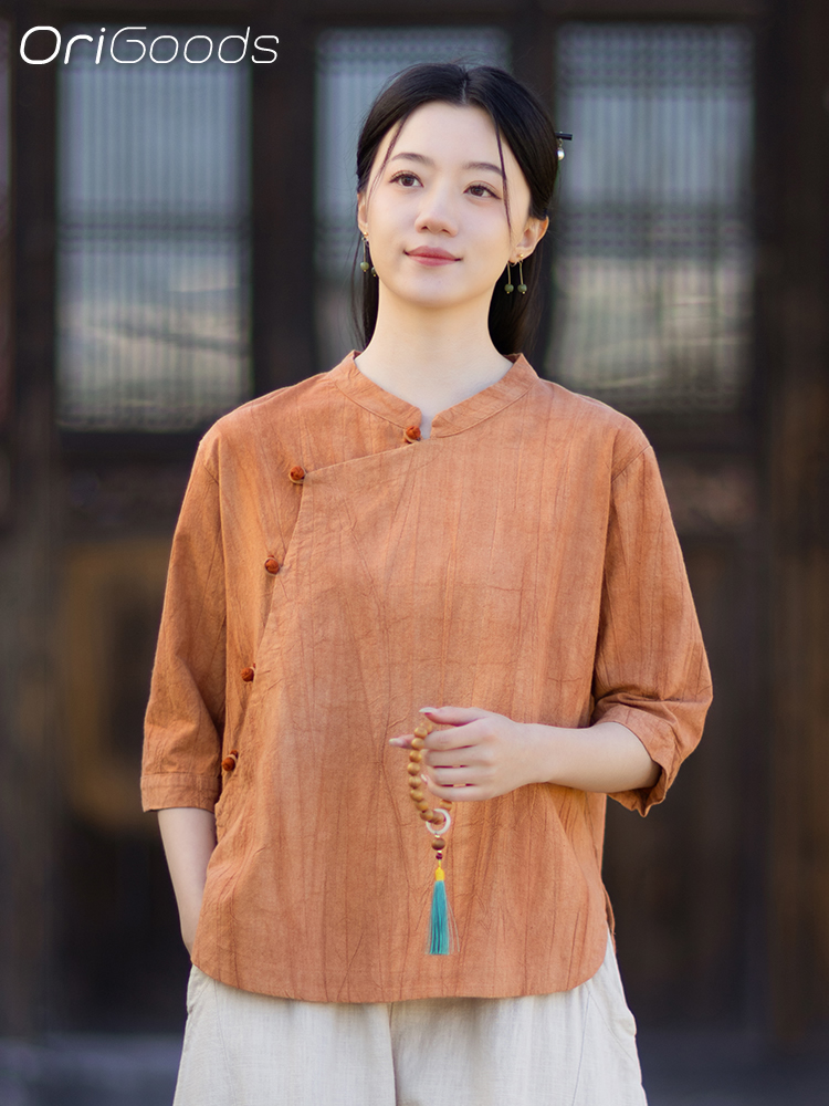 Summer Clothing For Japan - OriGoods Batik-Hemd für Damen, Ramie-Baumwolle, locker